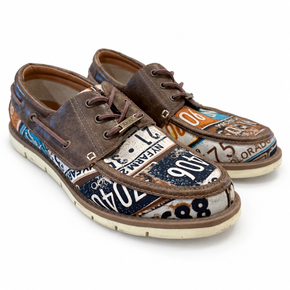 KKYC Brown Boat Shoes Mens 11 Route 66 License Plate Graphic Y2K Lace Up Loafers